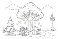 A tree with falling leaves in autumn – Forest Plant Wonders coloring page