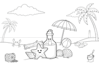 A sandy beach with shells, a starfish and a message in a bottle – Shells & Treasures Collection coloring page
