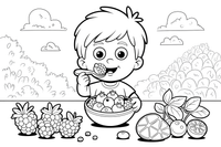 A child eating a bowl of berries – Juicy Berries coloring page