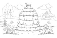 A meadow with a haystack and wildflowers – Lithuanian Nature Plants coloring page