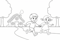 The two children running away from the candy house holding hands – Hansel and Gretel Story coloring page
