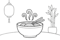A steaming bowl of noodle soup with chopsticks (Vietnam/China) – World Food Delights coloring page