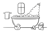 A cozy bathroom with bubbles in the tub, a towel on the rail and toys around – Bathroom Things coloring page