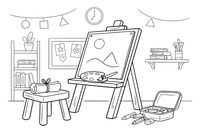 An easel with a half-finished picture (simple shapes) – Classic School & Art Supplies coloring page