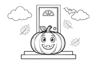 Pumpkin on a porch step by the front door – Halloween Autumn Creatures coloring page