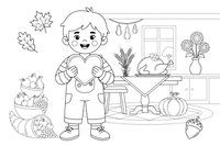 A child holding a "thank you" heart by a table – Thanksgiving Autumn coloring page