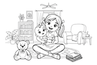 A big sister holding her baby brother – Happy Family Moments coloring page
