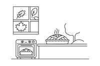 A cozy autumn kitchen with apple pie baking and leaves on the window – Autumn Time Autumn Leaves coloring page