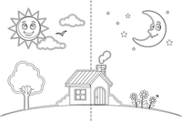 A bright sun over a house on one side and a moon with stars over the same house on the other – Opposite Concepts coloring page