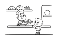 A baker and a child at the bakery counter – Cozy Bakery Place coloring page