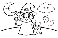 Halloween witch with a cat – Halloween Autumn Night coloring page