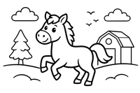 Horse playing in a snowy field – Galloping Horse Farm coloring page