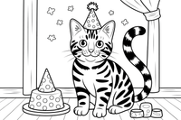 Bengal cat wearing a tiny party hat at a birthday – Bengal Cat coloring page