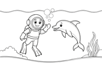 A diver meeting a friendly dolphin – Deep Sea Diver Submarine coloring page