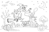 Halloween witch with a cat – Halloween Autumn Night coloring page