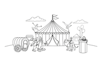 A big striped circus tent with flags on top (stripes and flags outlined, no fill) – Colorful Circus Tent coloring page