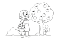 A woman picking apples from a tree into a basket – Garden & Gardening coloring page