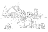 A happy ending with the girl, grandma and the woodcutter together outside the cottage – Little Red Riding Hood Story coloring page
