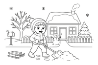 A child shoveling snow off the path in winter – Chores & Helping coloring page