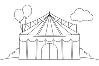 A big striped circus tent with flags on top (stripes and flags outlined, no fill) – Colorful Circus Tent coloring page
