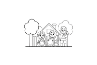 A happy ending with the girl, grandma and the woodcutter together outside the cottage – Little Red Riding Hood Story coloring page
