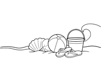 A beach ball, a bucket and flip-flops lying on the sand – Sunny Beach & Seaside coloring page