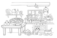 A cozy autumn kitchen with apple pie baking and leaves on the window – Autumn Time Autumn Leaves coloring page
