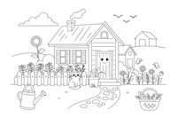 An old wooden homestead with a wooden fence and shutters, wildflowers growing by the fence – Herb Day coloring page