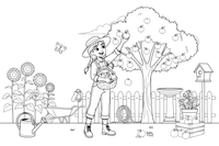 A woman picking apples from a tree into a basket – Garden & Gardening coloring page