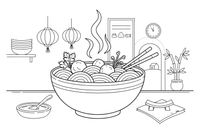 A steaming bowl of noodle soup with chopsticks (Vietnam/China) – World Food Delights coloring page