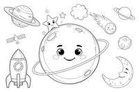 One big planet Uranus with faint rings standing upright, close up – Planets of Space coloring page