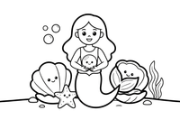 Mermaid holding a pearl in an oyster bed – Mystical Mermaid coloring page