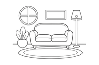 A cozy living room scene with a sofa, a lamp, a rug and a plant – Around the House Object coloring page