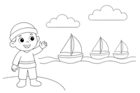 An explorer standing by three little sailing ships on the sea (a voyage of discovery) – Historic People Around the World coloring page