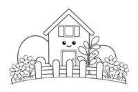 An old wooden homestead with a wooden fence and shutters, wildflowers growing by the fence – Herb Day coloring page