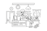 A baker and a child at the bakery counter – Cozy Bakery Place coloring page