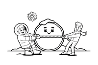 A round chubby man in thick winter clothes and a tall skinny man in light clothes having a playful tug-of-war in a snowy square – Pancake Day Winter Treat coloring page