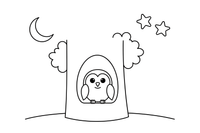 An owl sitting in a hollow of a tree at night – Lithuanian Bird Collection coloring page