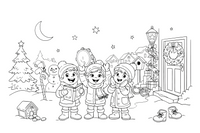 Carolers singing by a decorated lamppost at a snowy door – Christmas Winter Festivities coloring page