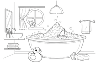 A cozy bathroom with bubbles in the tub, a towel on the rail and toys around – Bathroom Things coloring page
