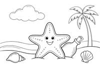 A sandy beach with shells, a starfish and a message in a bottle – Shells & Treasures Collection coloring page