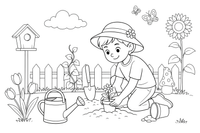 A child gardening, planting a little flower – Kids' Activities coloring page