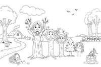 A mother and her four children gently turning into trees – Lietuviškos pasakos coloring page