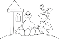 A golden goose sitting on a nest of big eggs (eggs outlined, no fill) – Jack and the Beanstalk Story coloring page