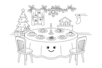 A festive table set with twelve small dishes and a white tablecloth – Christmas Eve coloring page
