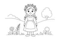 A girl in a folk dress wearing a wreath of rue and wildflowers – Lithuanian Nature Plants coloring page