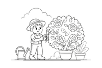 A gardener pruning a rose bush with secateurs – Garden & Gardening coloring page