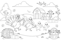 A family of turkeys walking in a row – Thanksgiving Autumn coloring page