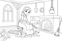 Cinderella sitting sadly by the fireplace with little mice around her – Charming Cinderella Story coloring page
