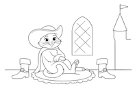 Puss in Boots relaxing happily in the grand castle, boots off – Puss in Boots Story coloring page